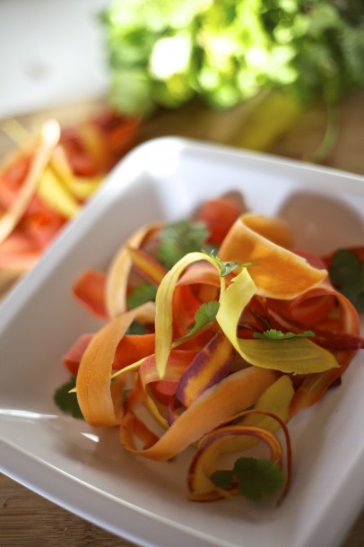 Shaved Rainbow Carrot Salad with Cilantro, Vinaigrette & Queso Fresco 