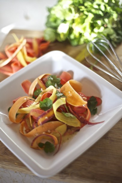 Shaved Rainbow Carrot Salad with Cilantro, Vinaigrette & Queso Fresco 