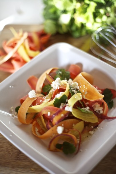 Shaved Rainbow Carrot Salad with Cilantro, Vinaigrette & Queso Fresco 