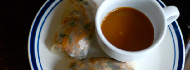 Thai Style Chicken Spring Rolls with Spicy Peanut Dipping Sauce – $.70