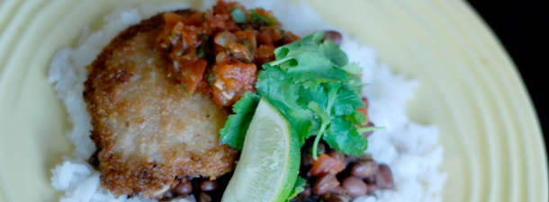 Panko Breaded Pork with Lime over Black Beans & Rice – $.96