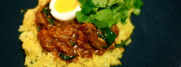 Spicy Indian Chicken Stew over Saffron Rice & Egg – $1.58