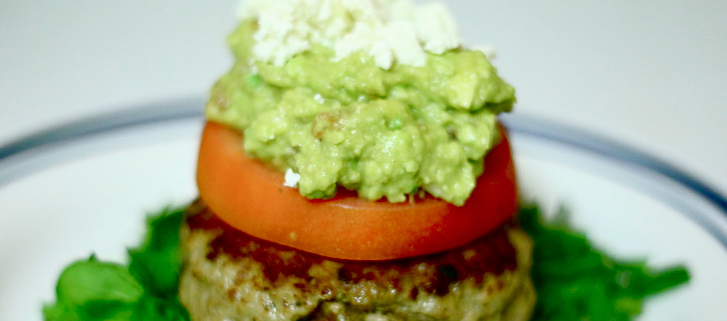 Caramelized Onion Stuffed Turkey Burger with Guacamole, Fresh Spinach & Feta – $1.86